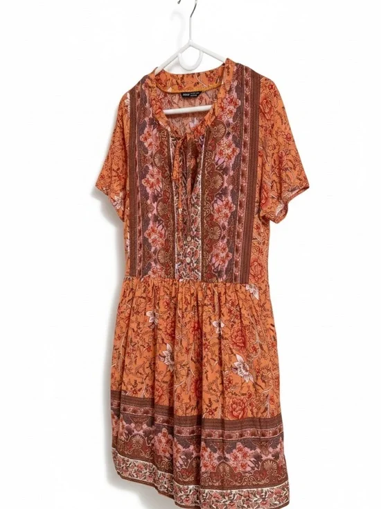 Boho Mini Dress Rust Floral Paisley Cottagecore Western Festival Summer Large - Picture 5 of 11